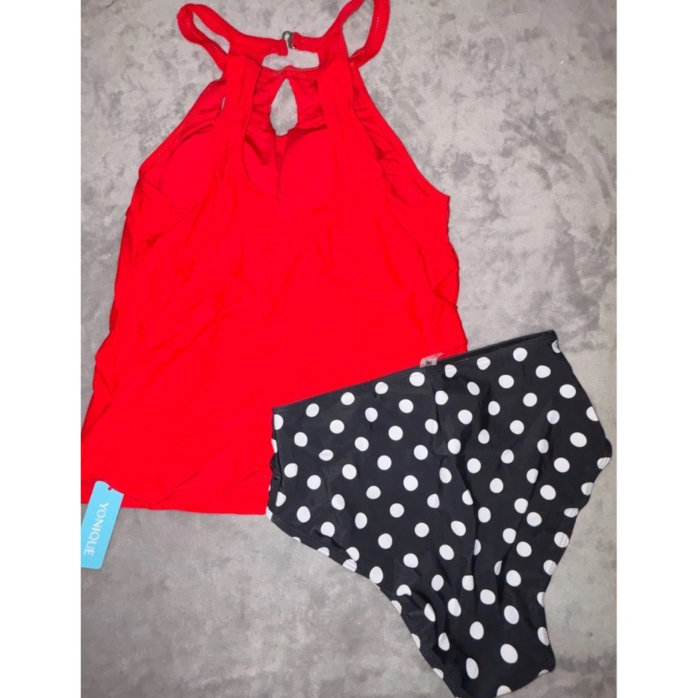 Yonique Swimsuit Two Piece Set Womens‎ Small Red Black Polka Dot Stretch Pull On